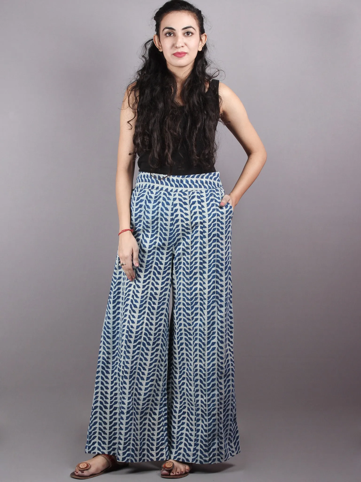 Indigo Hand Block Printed Elasticated Waist Pleated Cotton Palazzo - P1117060