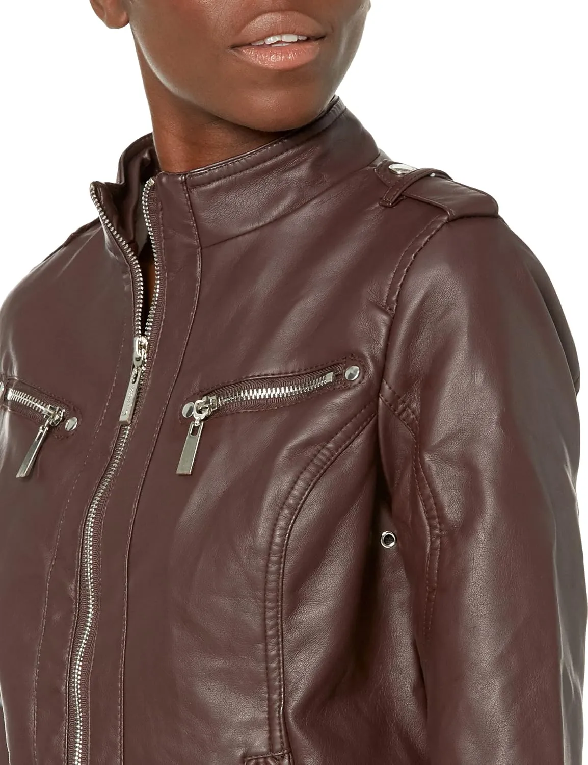JOUJOU Women's Vegan Leather Jacket with Faux Fur Lining & Removable Fleece Inner Hoodie
