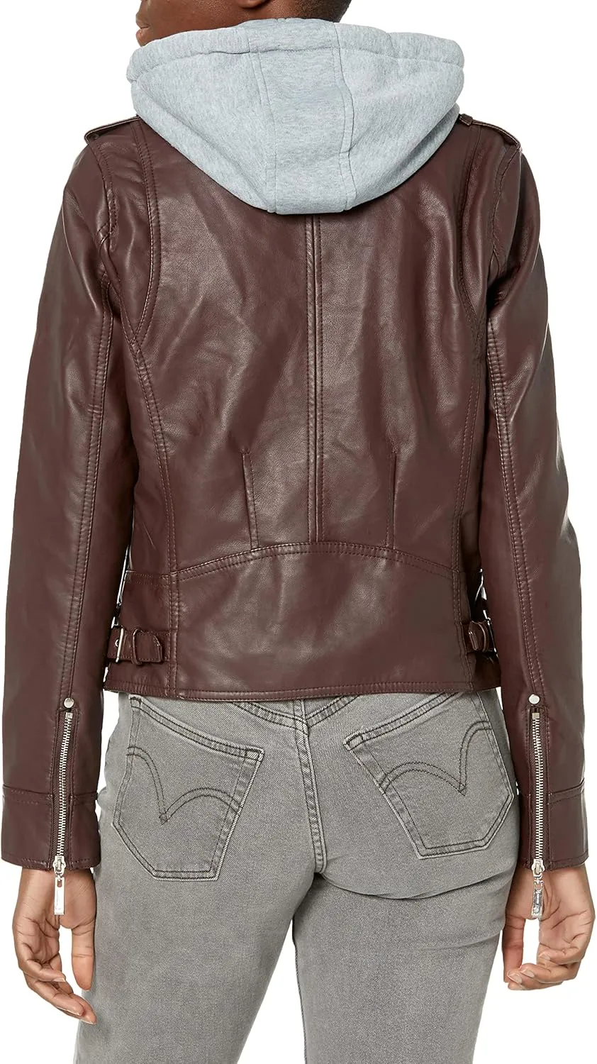 JOUJOU Women's Vegan Leather Jacket with Faux Fur Lining & Removable Fleece Inner Hoodie