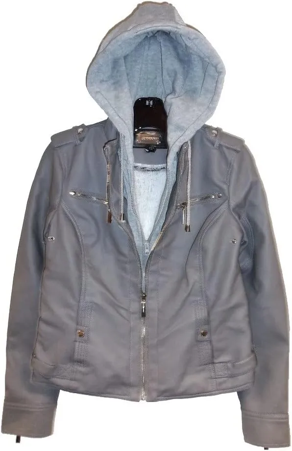 JOUJOU Women's Vegan Leather Jacket with Faux Fur Lining & Removable Fleece Inner Hoodie