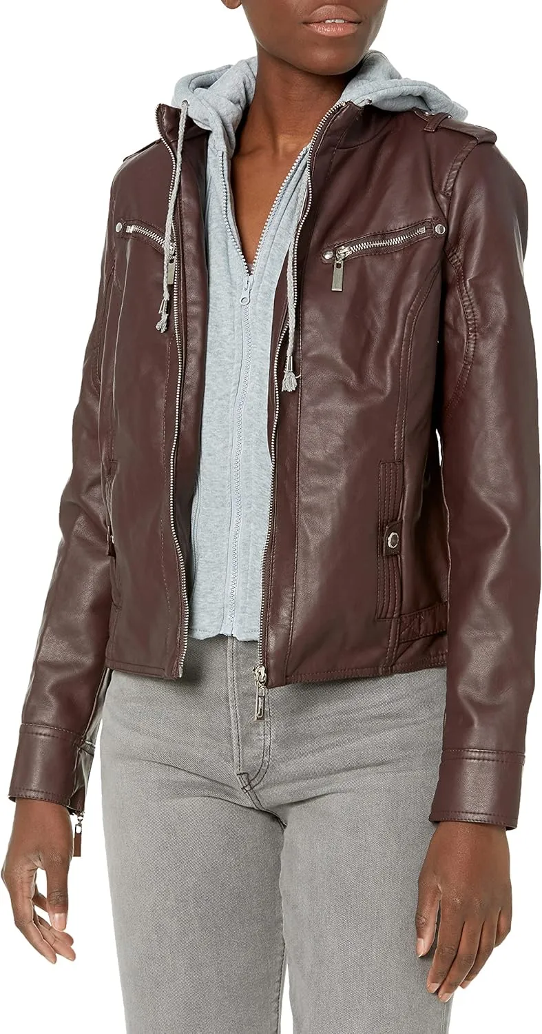 JOUJOU Women's Vegan Leather Jacket with Faux Fur Lining & Removable Fleece Inner Hoodie