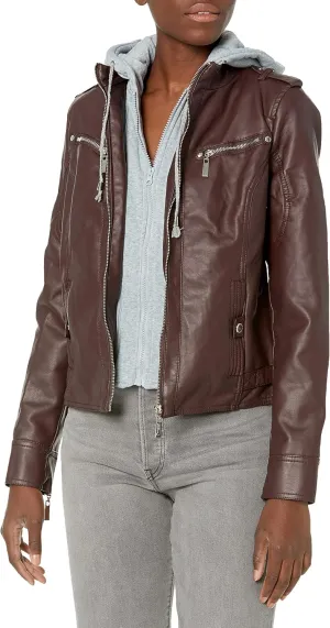 JOUJOU Women's Vegan Leather Jacket with Faux Fur Lining & Removable Fleece Inner Hoodie