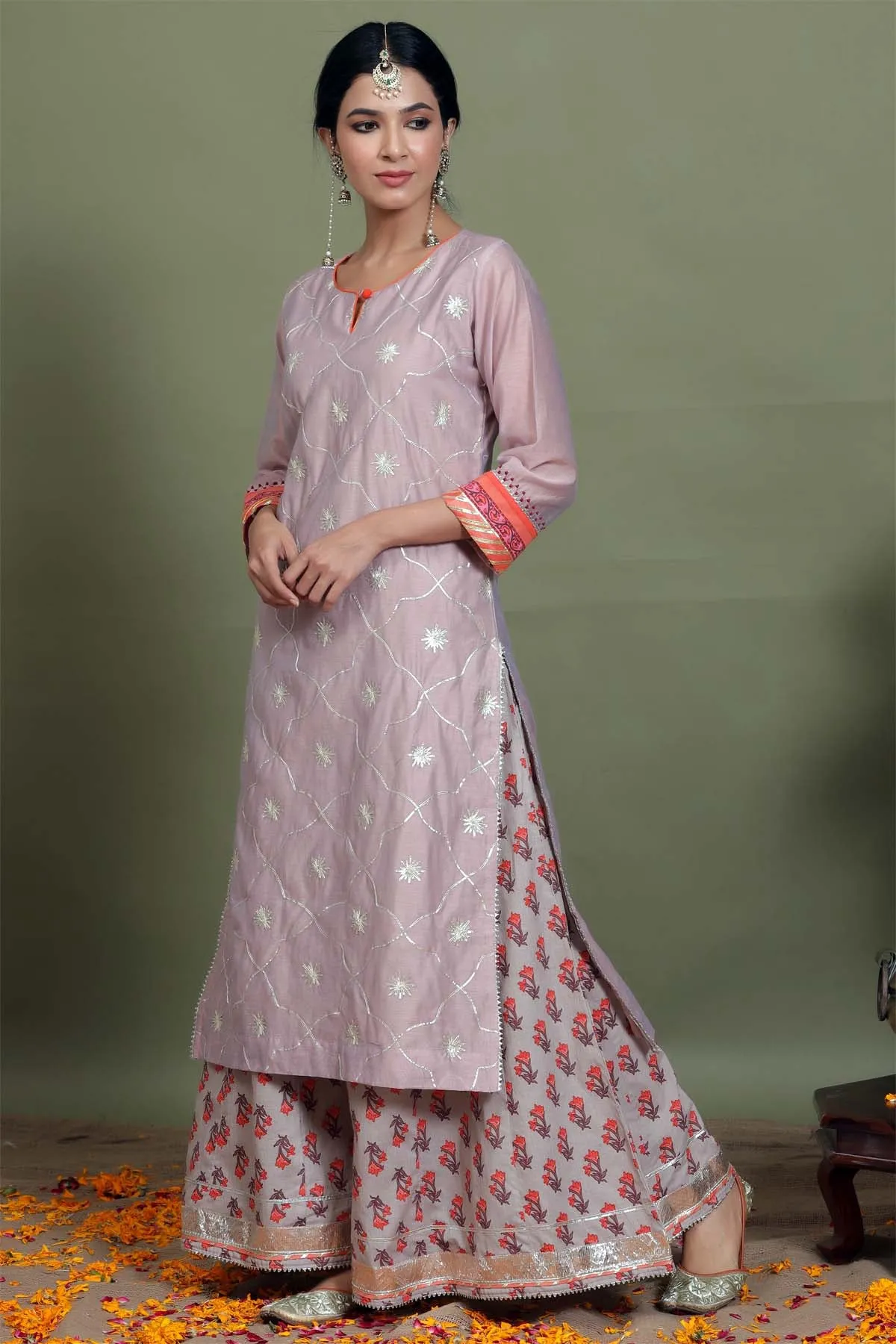 Kurta/Palazzo set in Mauve color Chanderi with gota patti work