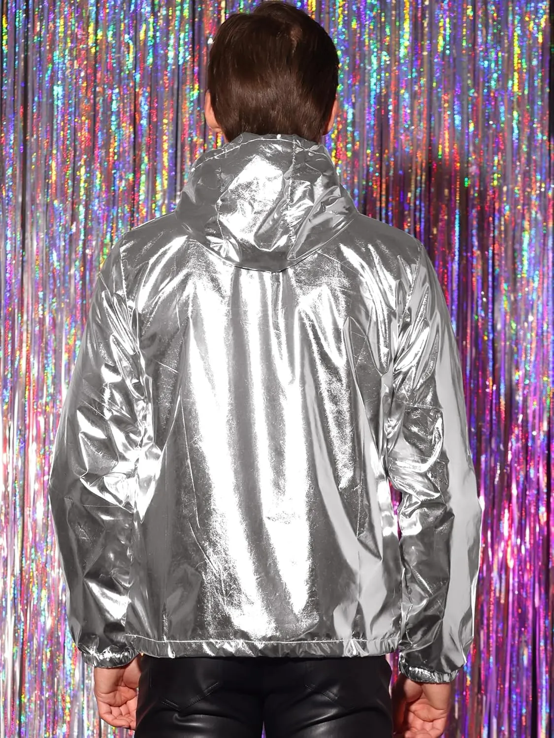 Lars Amadeus Holographic Jacket for Men's Long Sleeves Zipper Drawstring Hoodies Metallic Jackets