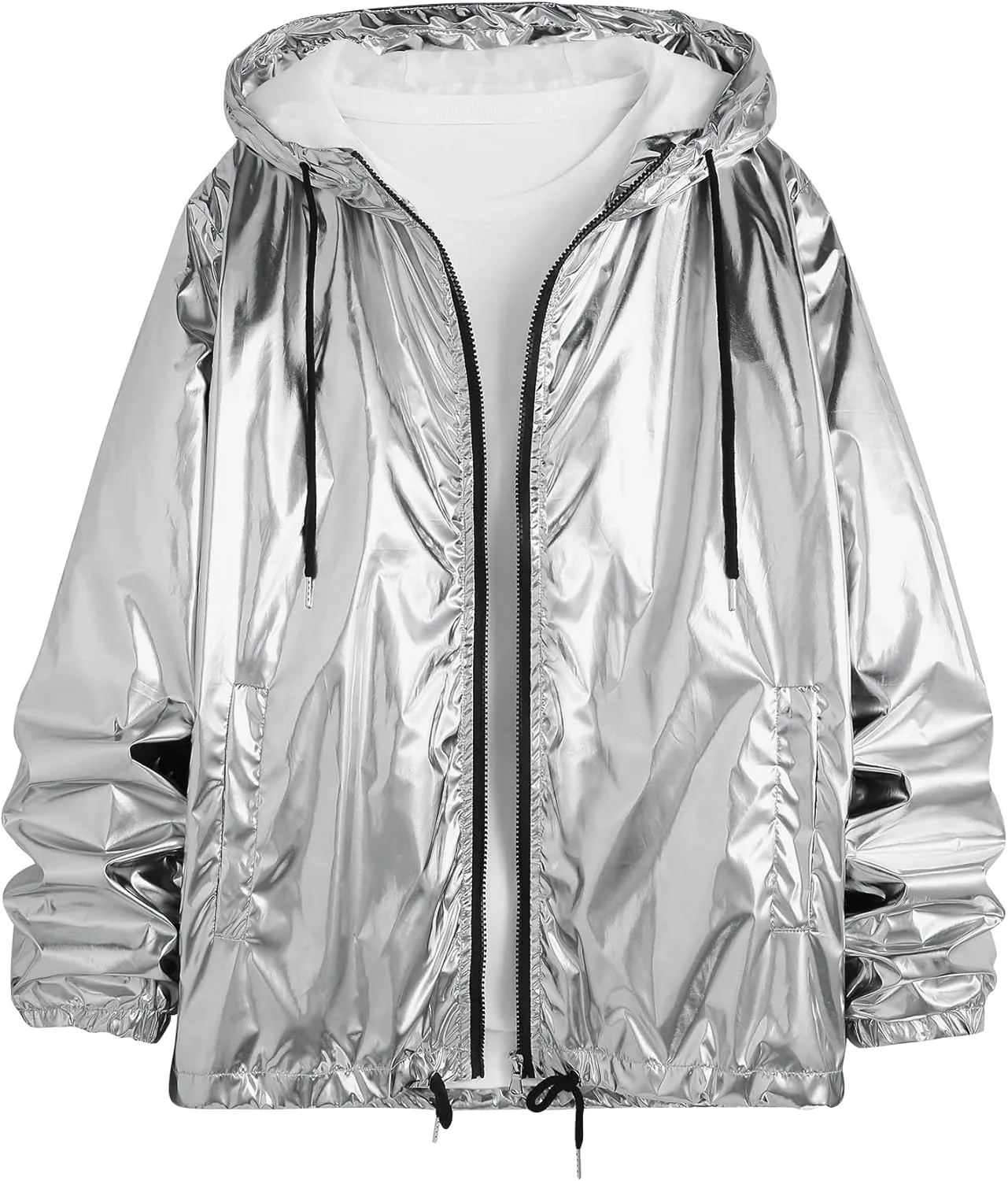 Lars Amadeus Holographic Jacket for Men's Long Sleeves Zipper Drawstring Hoodies Metallic Jackets