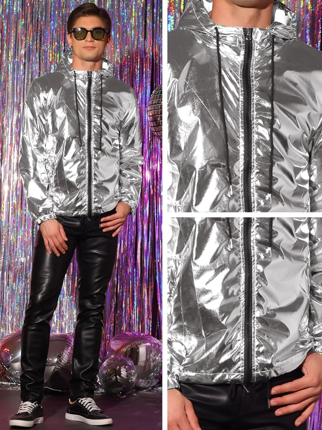 Lars Amadeus Holographic Jacket for Men's Long Sleeves Zipper Drawstring Hoodies Metallic Jackets
