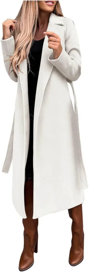 Long Trench Coats For Women Fashion Faux Wool Coat Blouse Thin Solid Jacket Ladies Notch Lapel Overcoat With Belt