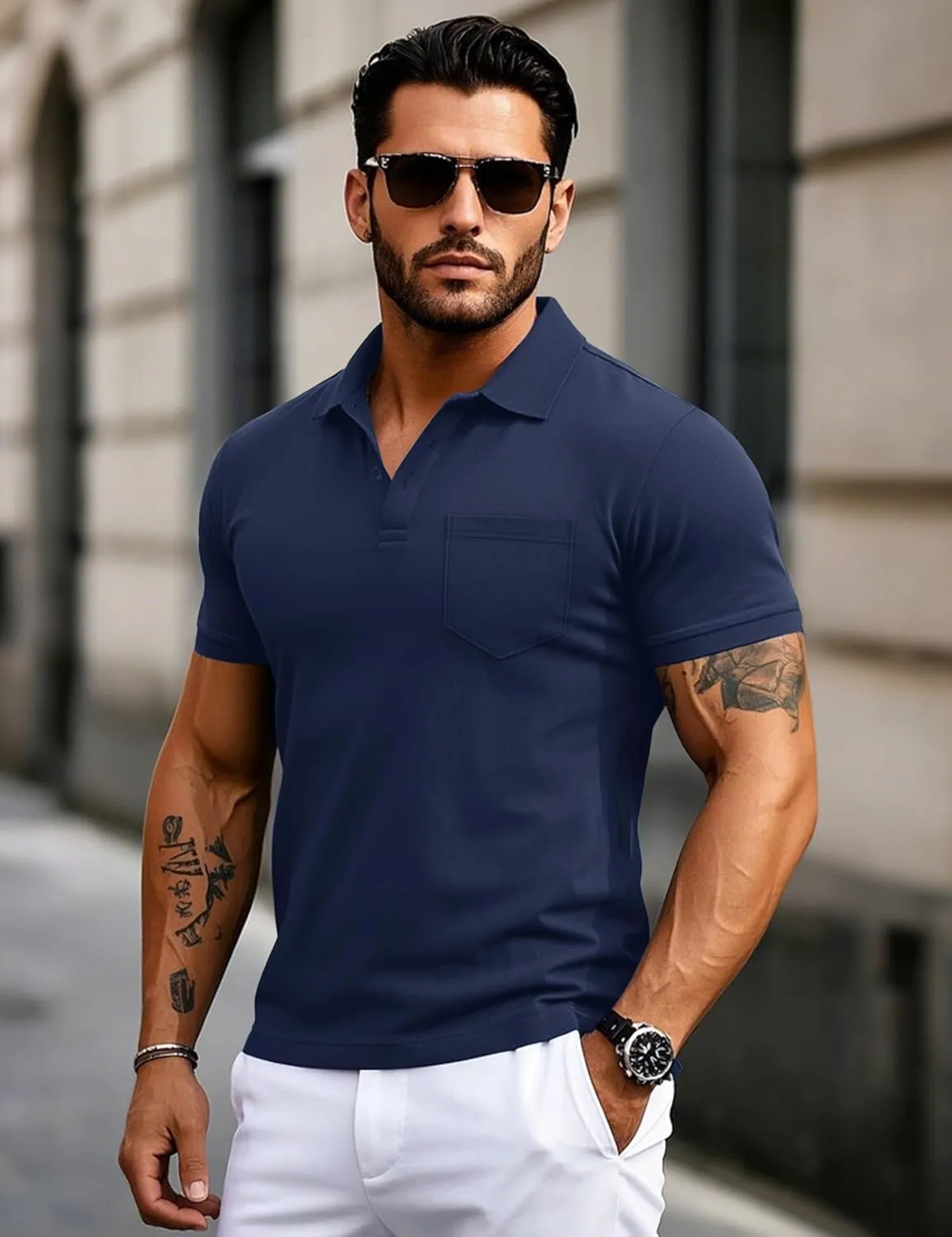 MAGCOMSEN Mens Polo Shirts Short Sleeve Cotton Pique Golf Shirts with Pocket Casual Performance Moisture Wicking Polos