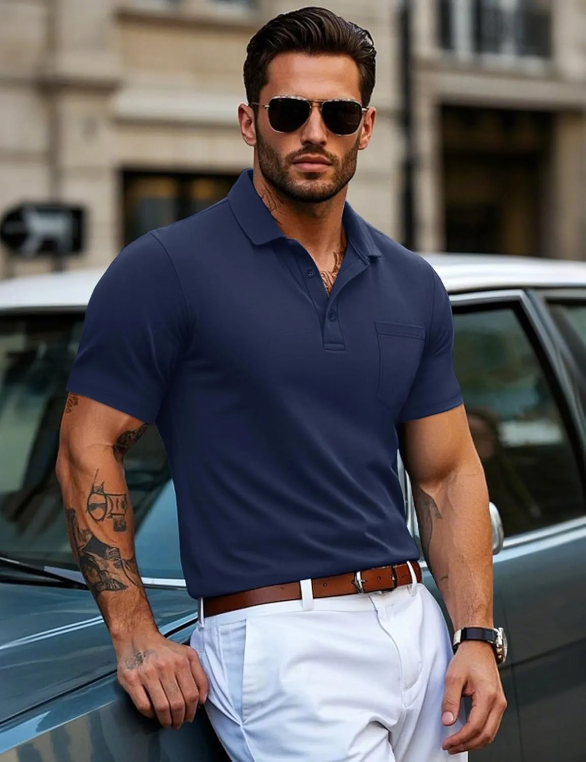 MAGCOMSEN Mens Polo Shirts Short Sleeve Cotton Pique Golf Shirts with Pocket Casual Performance Moisture Wicking Polos