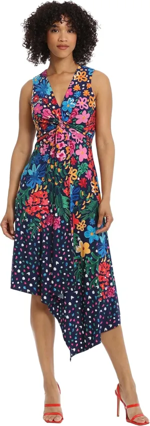 Maggy London Women's Sleeveless Twist Waist Dress with Asymmetrical Hem Event Party Occasion Shower Guest of