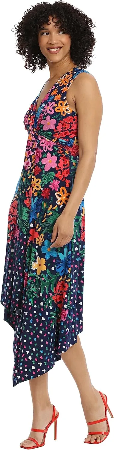 Maggy London Women's Sleeveless Twist Waist Dress with Asymmetrical Hem Event Party Occasion Shower Guest of