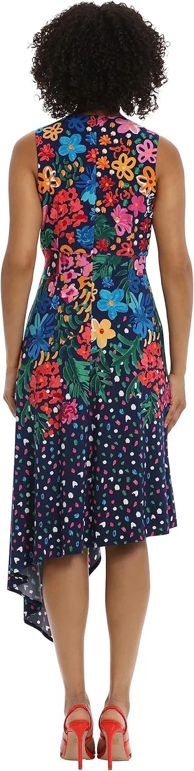 Maggy London Women's Sleeveless Twist Waist Dress with Asymmetrical Hem Event Party Occasion Shower Guest of