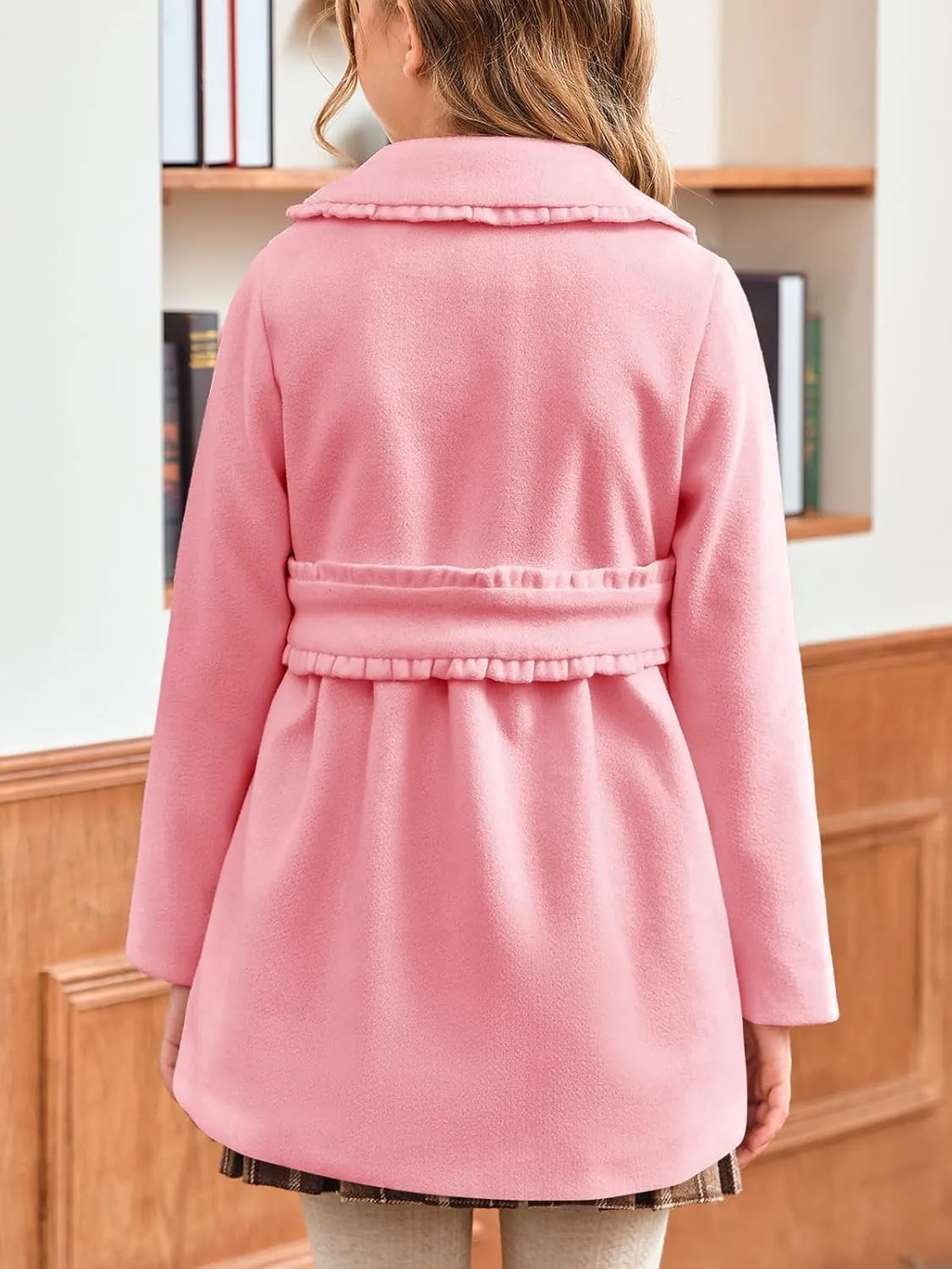 Meikulo Girls Dress Coat Casual Faux Wool Lapel Warm Jackets Kids Cute Ruffle Belt Outerwear 5-14 Years