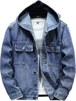 Men's Denim Hoodie Jacket Casual Long Sleeve Button Down Jeans Coat Windproof Hip Hop Trucker Hooded Jackets