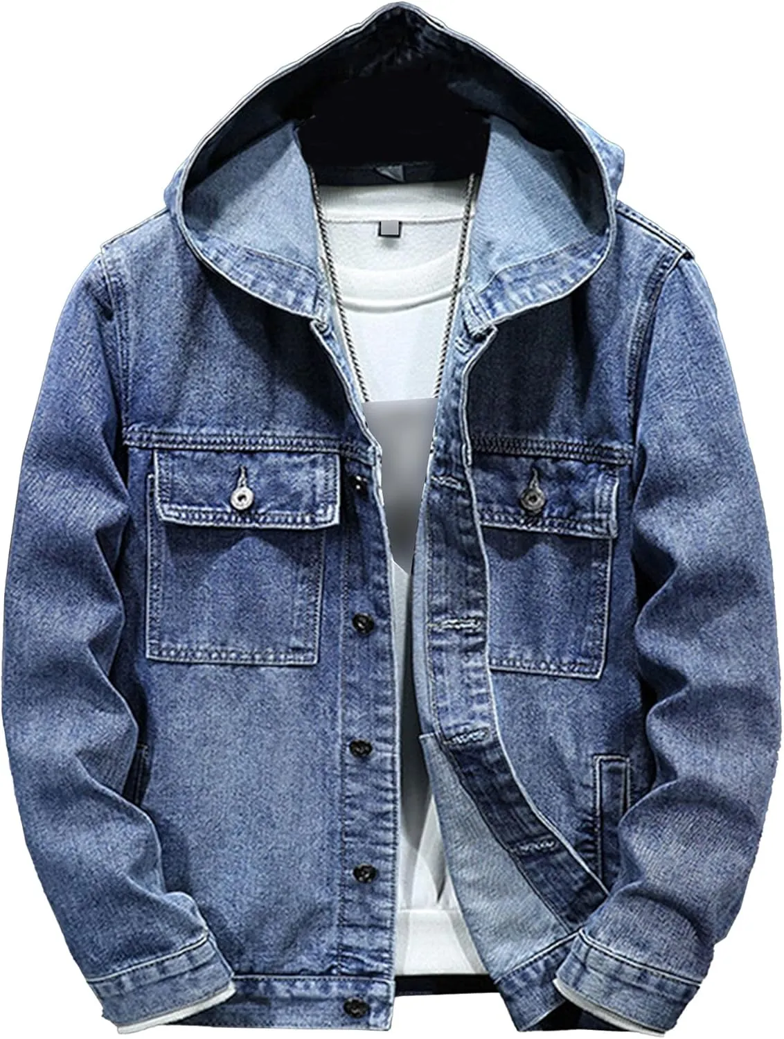 Men's Denim Hoodie Jacket Casual Long Sleeve Button Down Jeans Coat Windproof Hip Hop Trucker Hooded Jackets