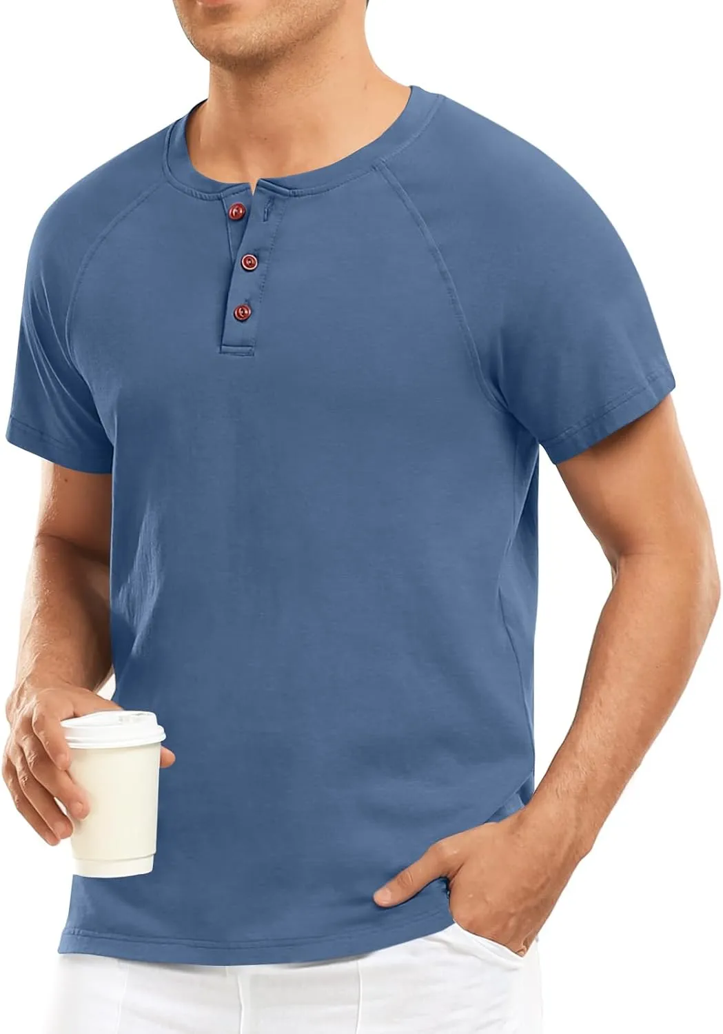 Men's Summer Polo Shirts Short Sleeve Cotton Casual Henley T-Shirts Button Raglan Sleeve Tees