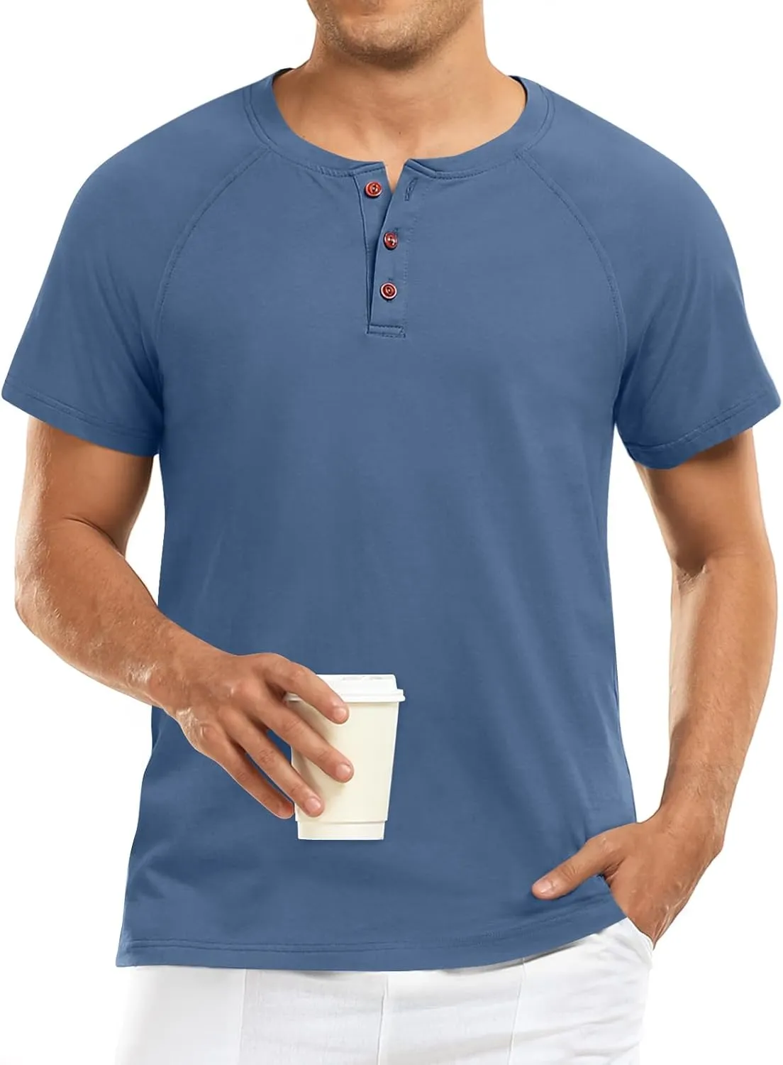 Men's Summer Polo Shirts Short Sleeve Cotton Casual Henley T-Shirts Button Raglan Sleeve Tees
