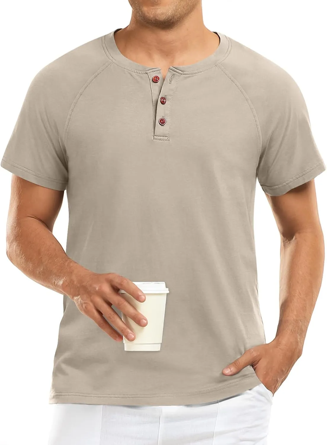 Men's Summer Polo Shirts Short Sleeve Cotton Casual Henley T-Shirts Button Raglan Sleeve Tees