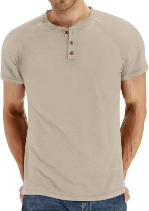 Men's Summer Polo Shirts Short Sleeve Cotton Casual Henley T-Shirts Button Raglan Sleeve Tees