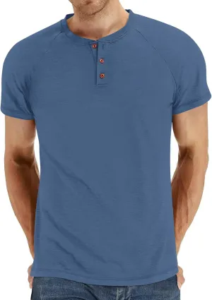 Men's Summer Polo Shirts Short Sleeve Cotton Casual Henley T-Shirts Button Raglan Sleeve Tees