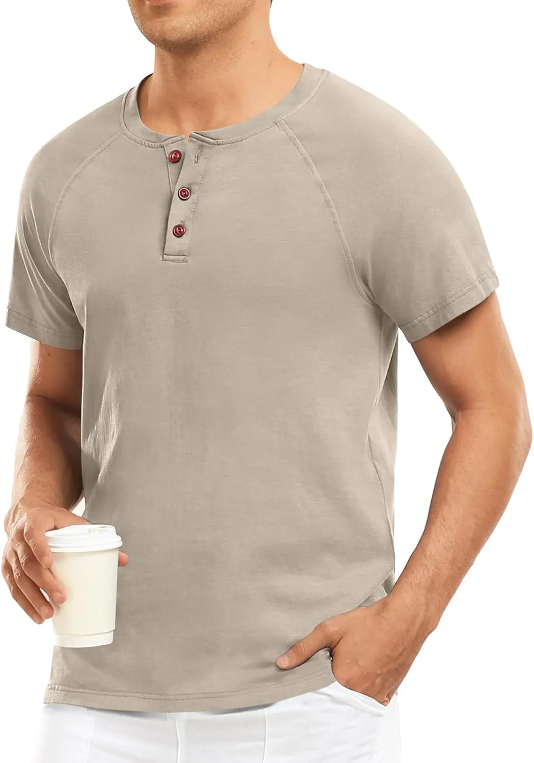 Men's Summer Polo Shirts Short Sleeve Cotton Casual Henley T-Shirts Button Raglan Sleeve Tees