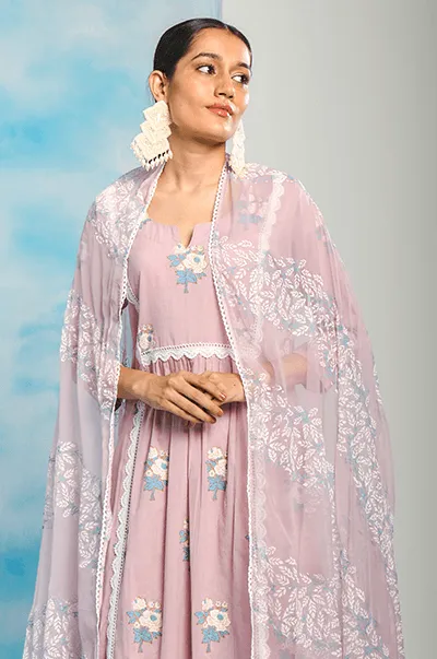 Nargis Lilac Lace Yoke Kurta, Zigzag Printed Palazzo and Dupatta- Set of 3