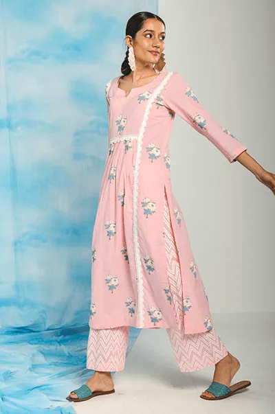 Nargis Soft Pink  Lace Yoke Kurta, Zigzag Printed Palazzo - Set of 2