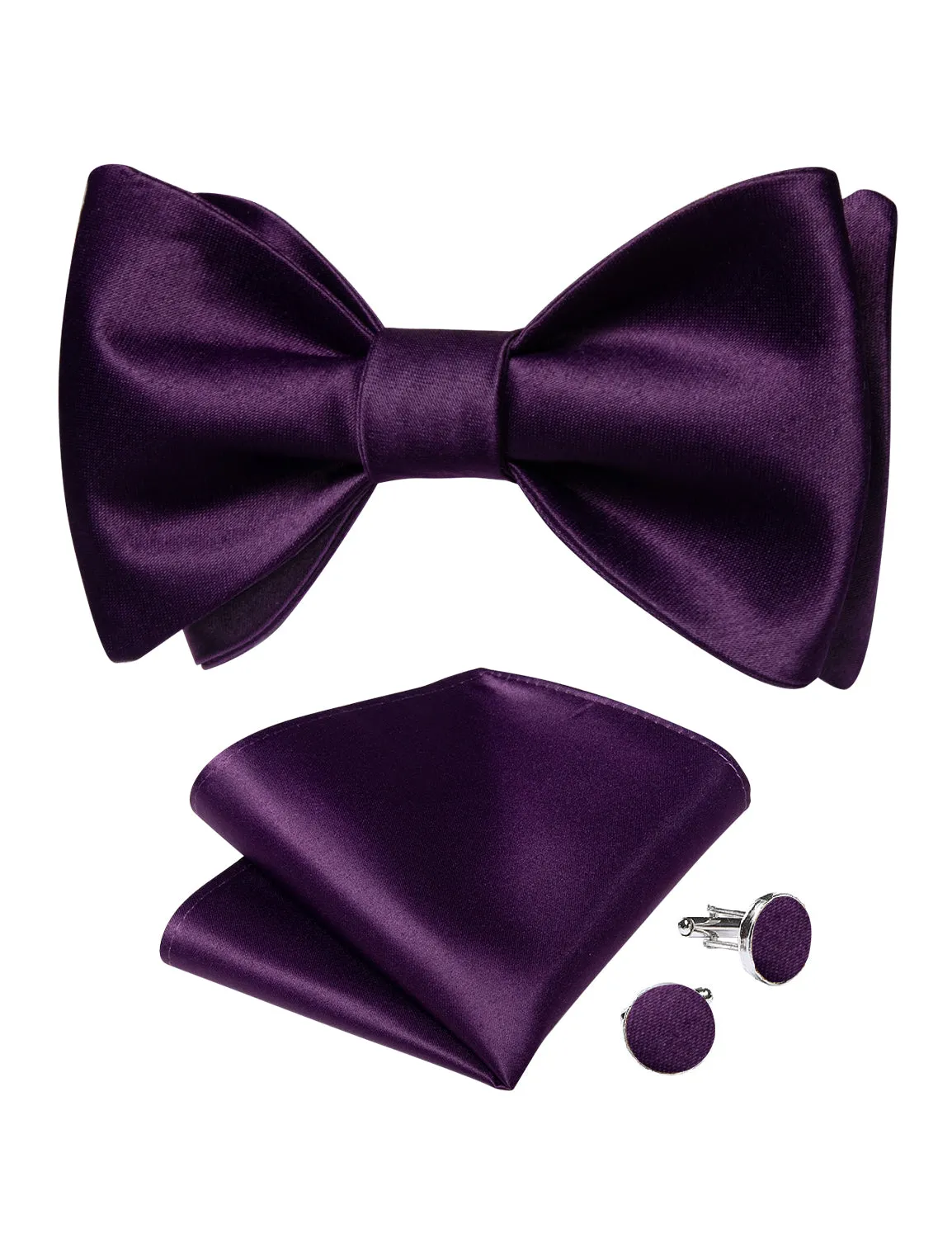 Navy Blue Solid Silk Bowtie Pocket Square Cufflinks Set