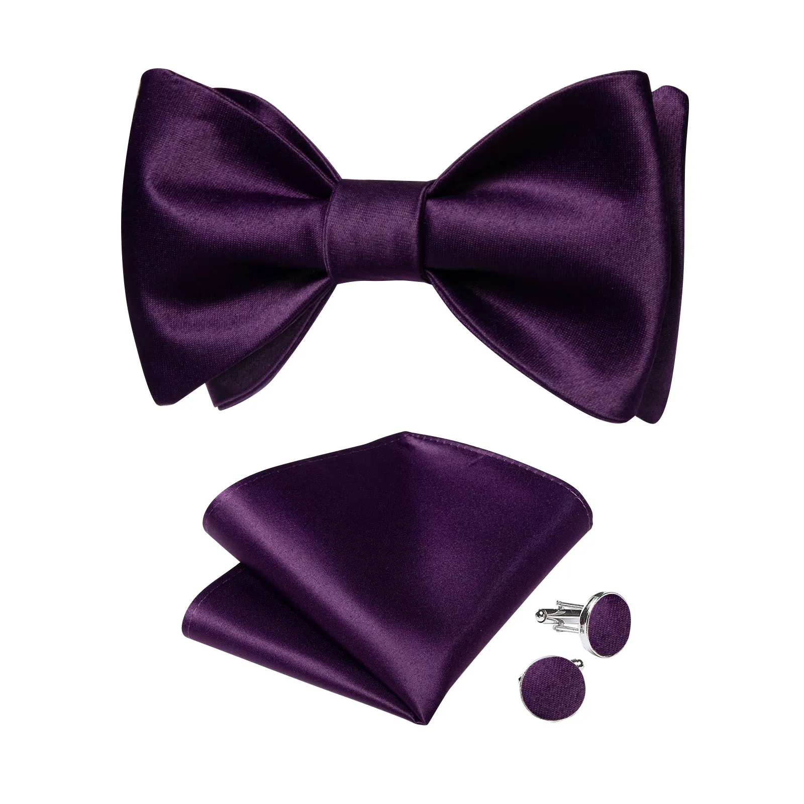 Navy Blue Solid Silk Bowtie Pocket Square Cufflinks Set