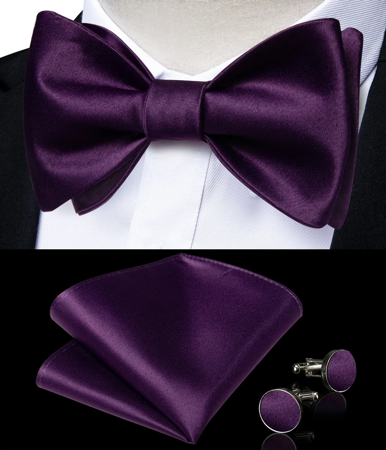 Navy Blue Solid Silk Bowtie Pocket Square Cufflinks Set