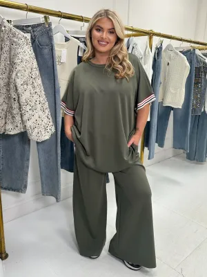 Nicola curve khaki stripe trouser set