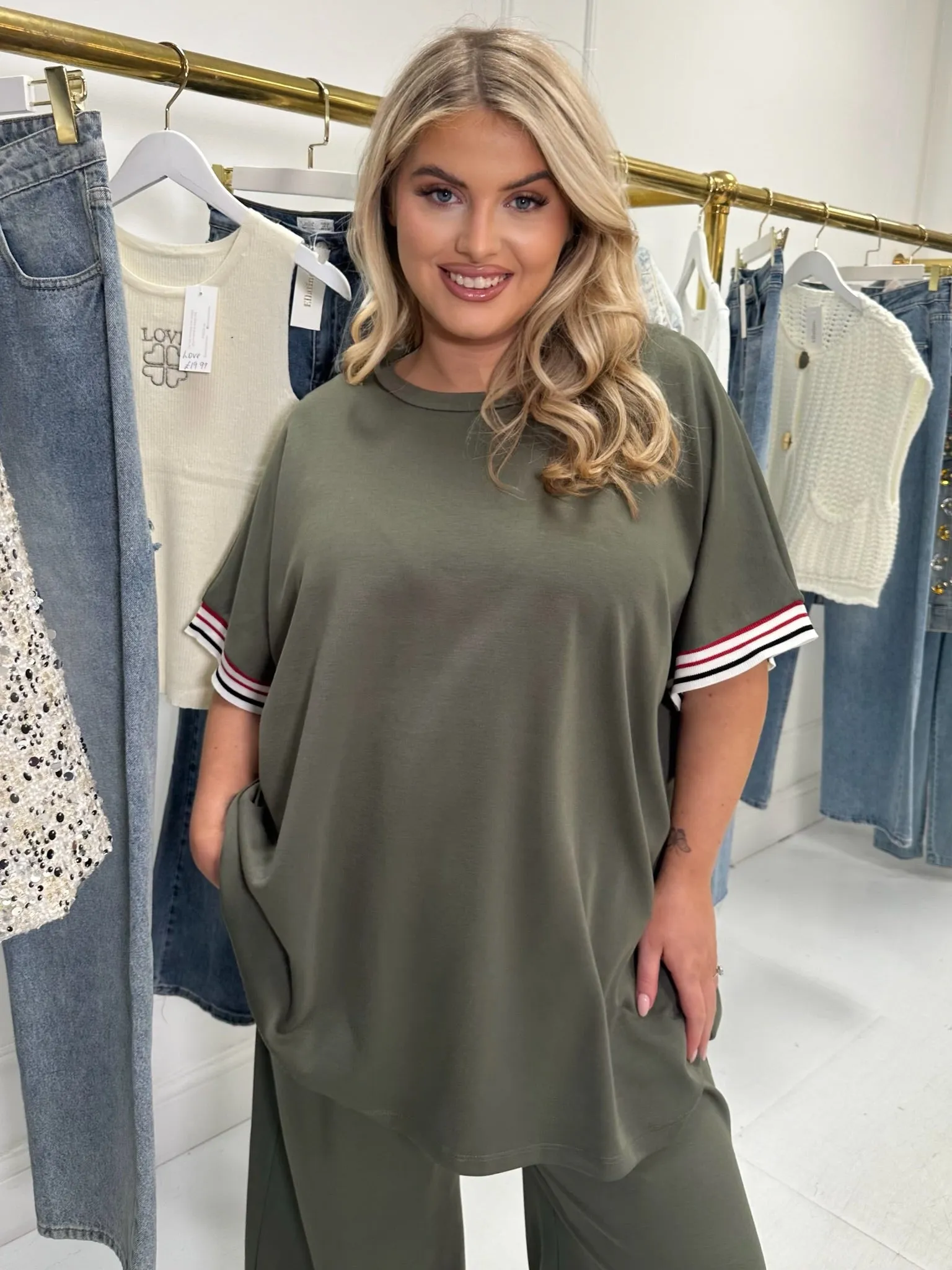 Nicola curve khaki stripe trouser set