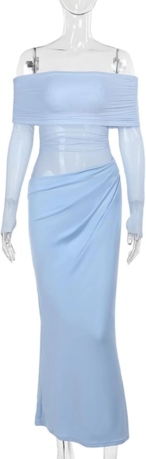 NRTHYE Women Mesh Off Shoulder Dress Sexy See Through Long Sleeve Cut Out Bodycon Elegant Ruched Maxi Dresses
