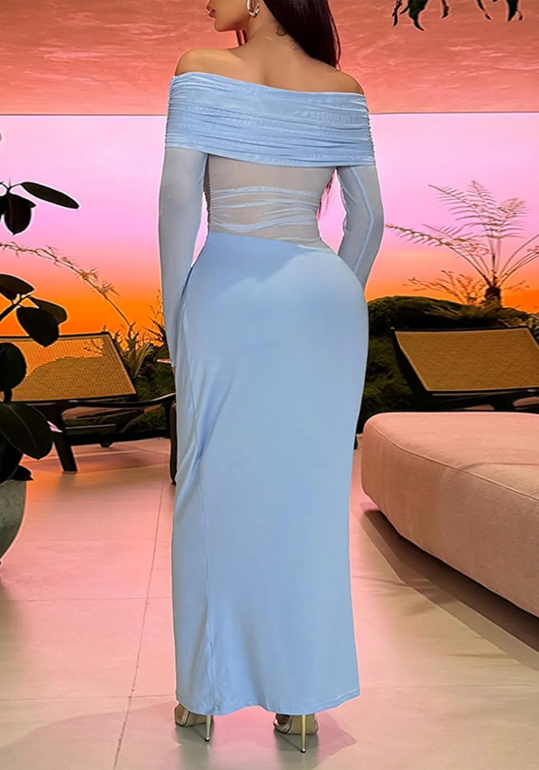 NRTHYE Women Mesh Off Shoulder Dress Sexy See Through Long Sleeve Cut Out Bodycon Elegant Ruched Maxi Dresses