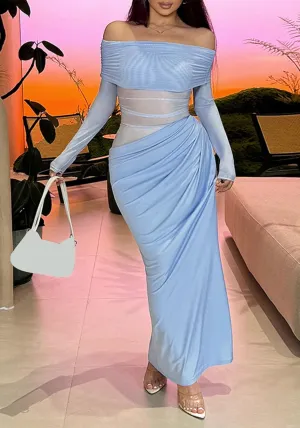NRTHYE Women Mesh Off Shoulder Dress Sexy See Through Long Sleeve Cut Out Bodycon Elegant Ruched Maxi Dresses