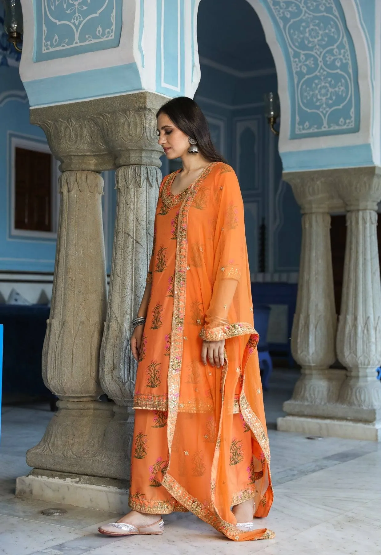 Orange Kurta Trouser Set with Dupatta
