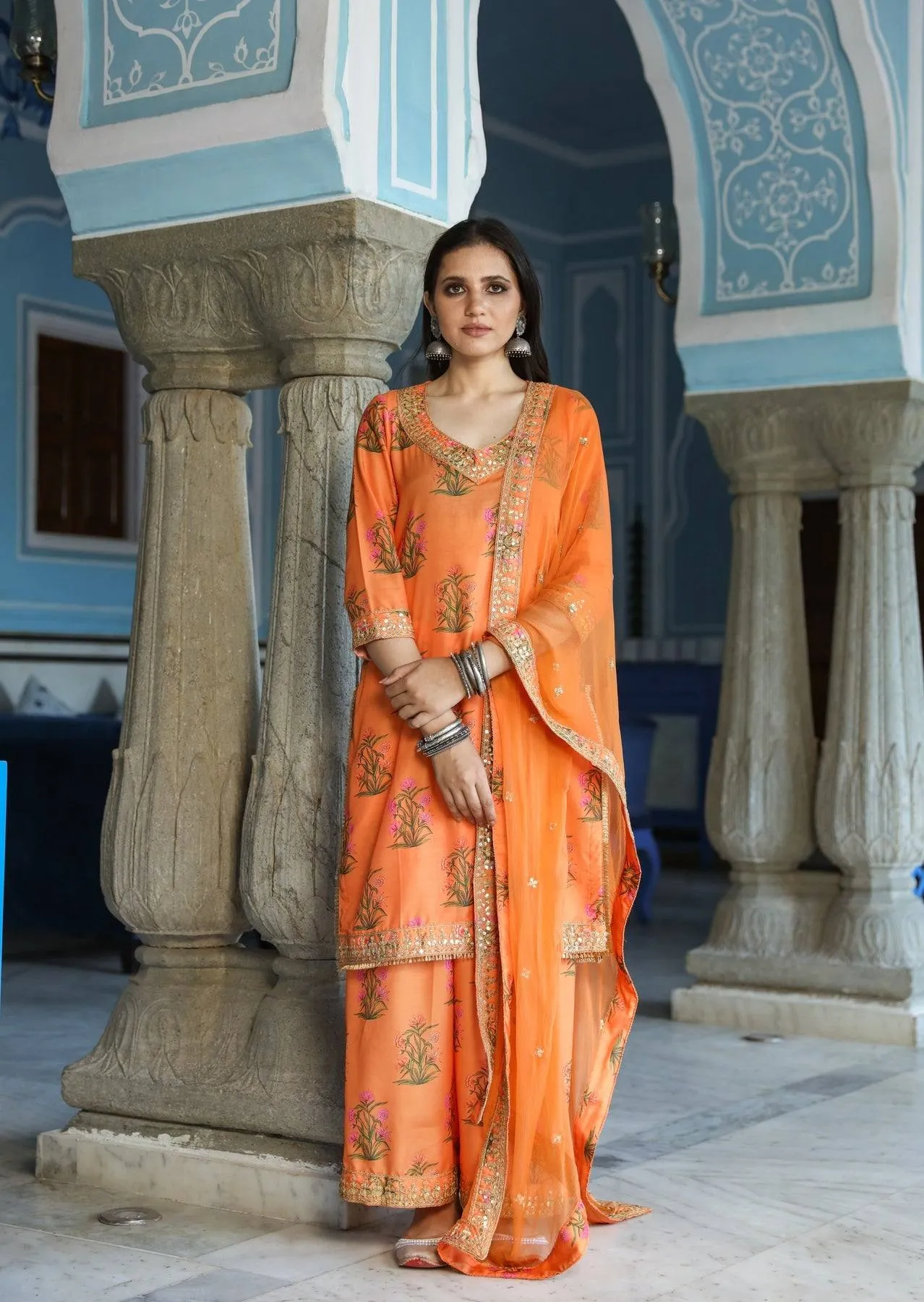 Orange Kurta Trouser Set with Dupatta