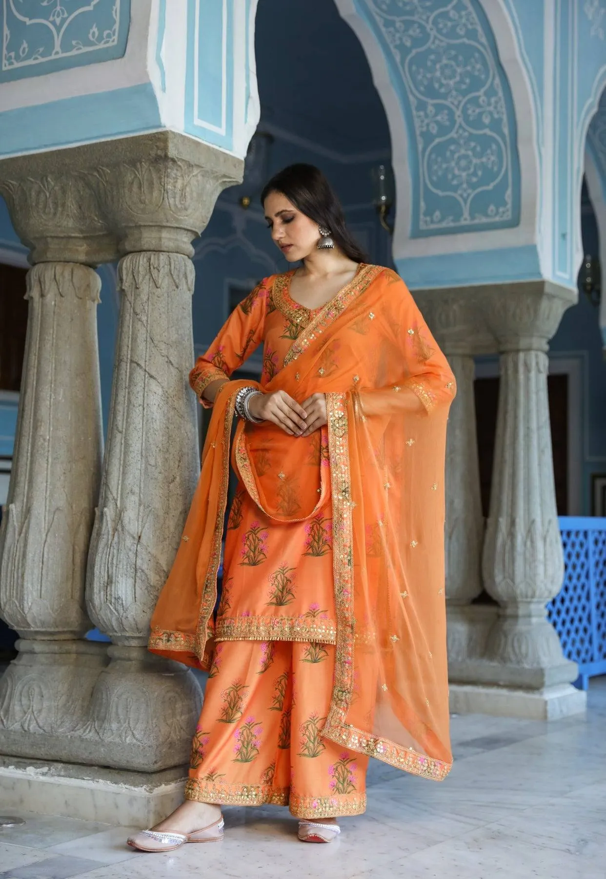Orange Kurta Trouser Set with Dupatta