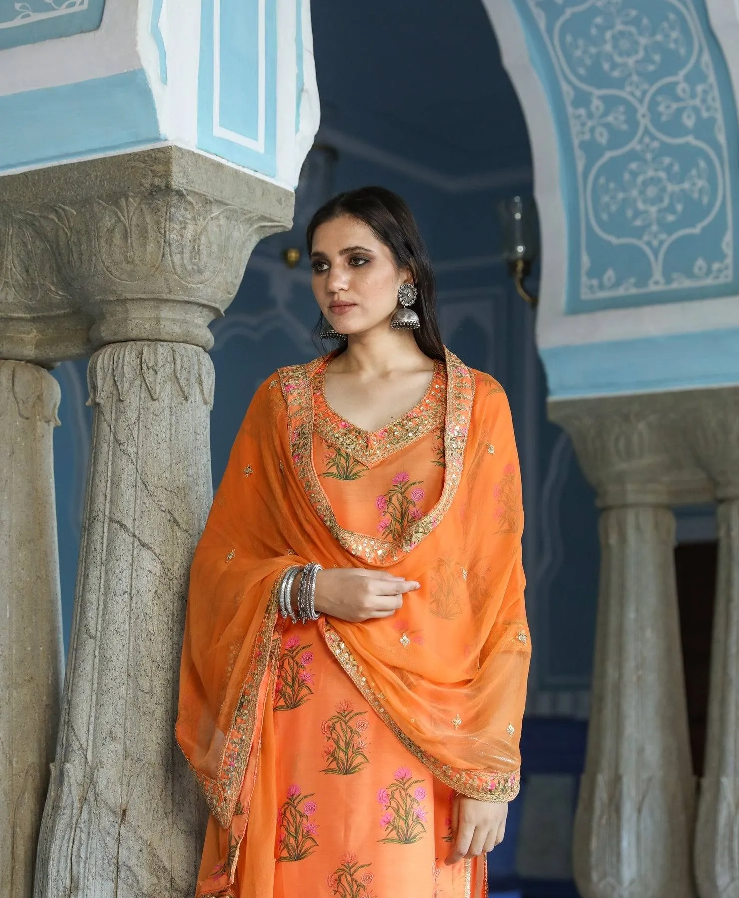 Orange Kurta Trouser Set with Dupatta