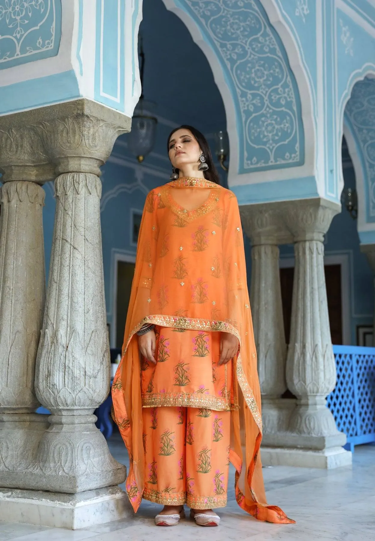 Orange Kurta Trouser Set with Dupatta