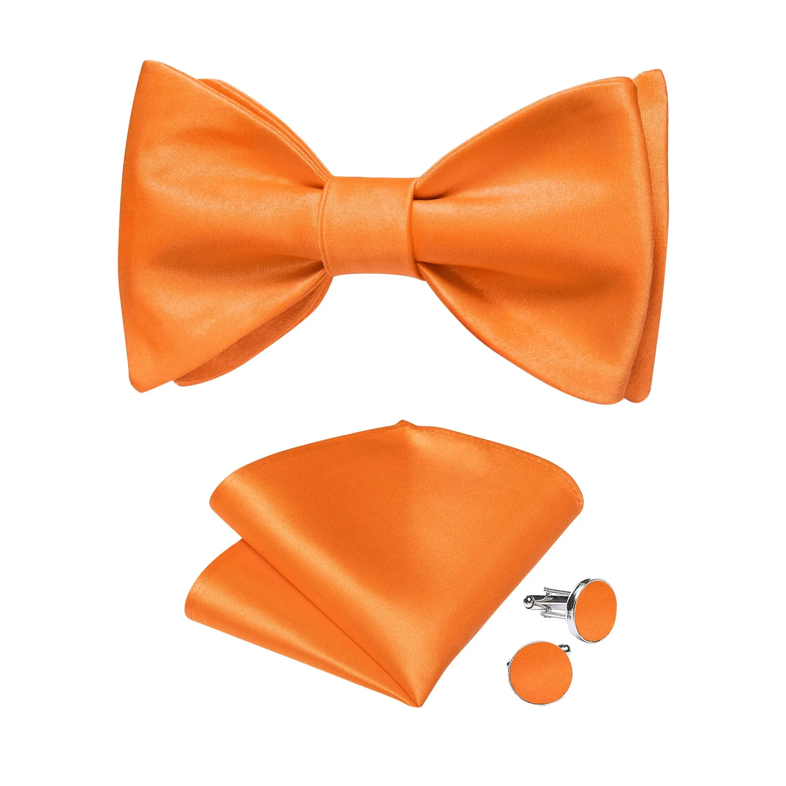 Orange Solid Silk Bowtie Pocket Square Cufflinks Set