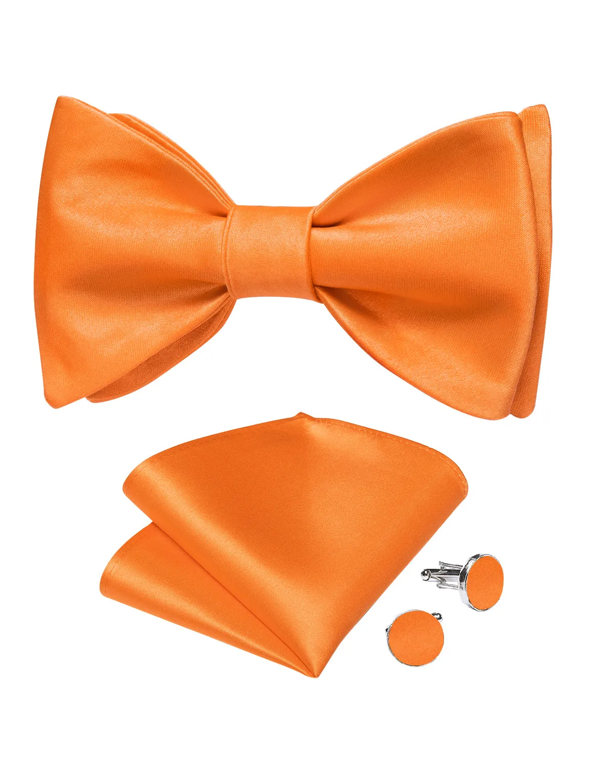 Orange Solid Silk Bowtie Pocket Square Cufflinks Set