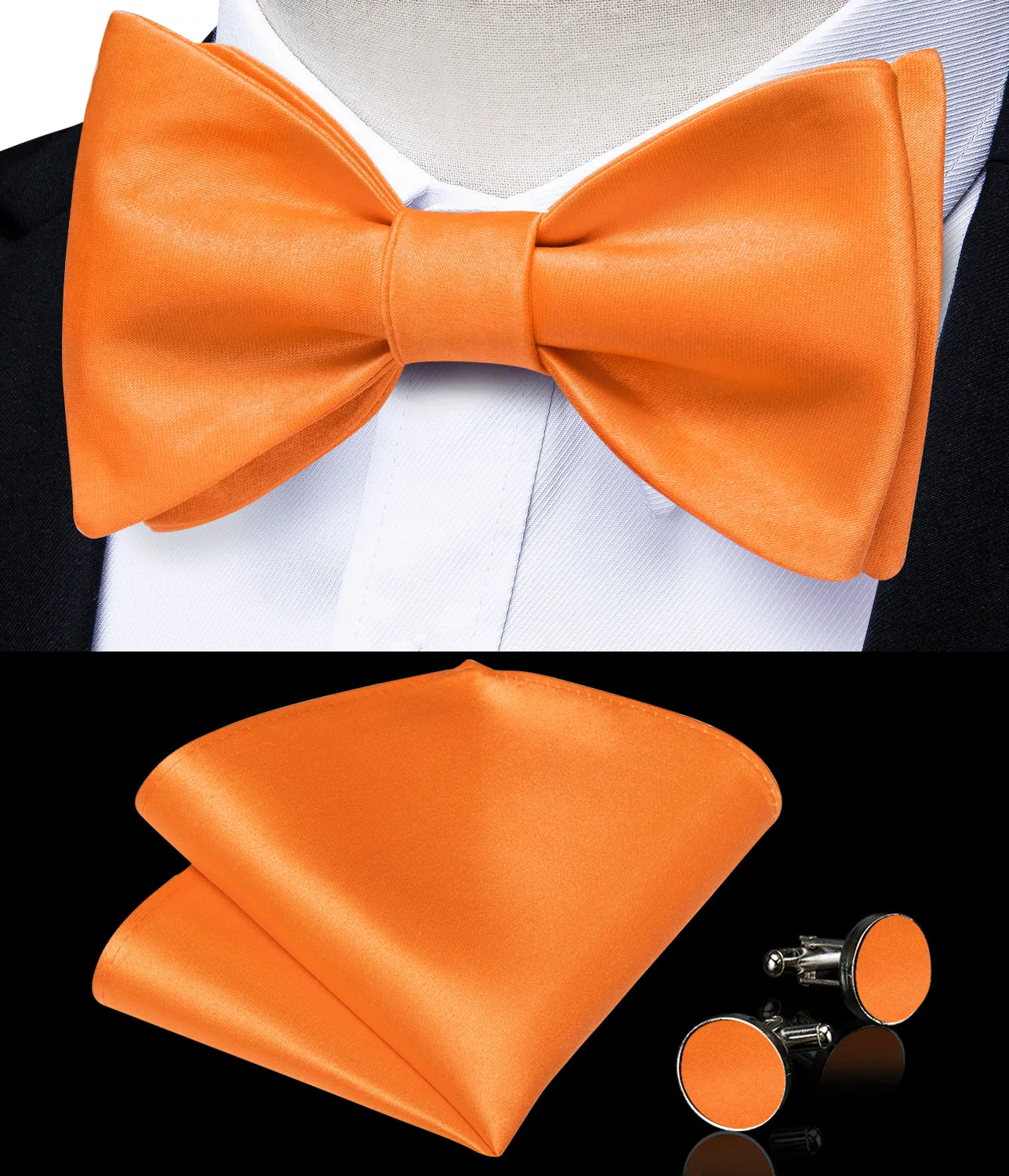 Orange Solid Silk Bowtie Pocket Square Cufflinks Set