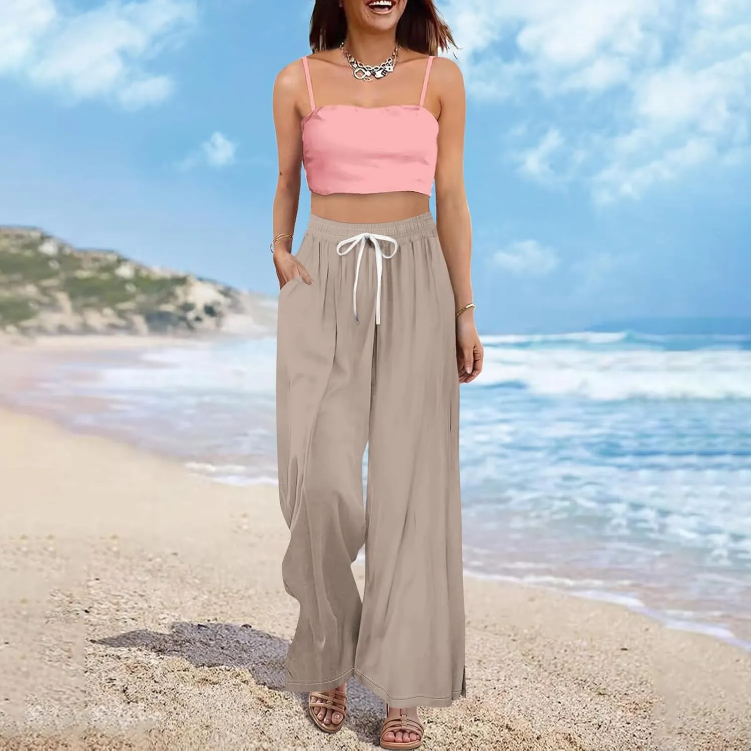 Palazzo Pants for Women,Womens Summer Boho Wide Leg Pants Casual High Waist Lounge Pant 2025 Beach Vacation Outfits