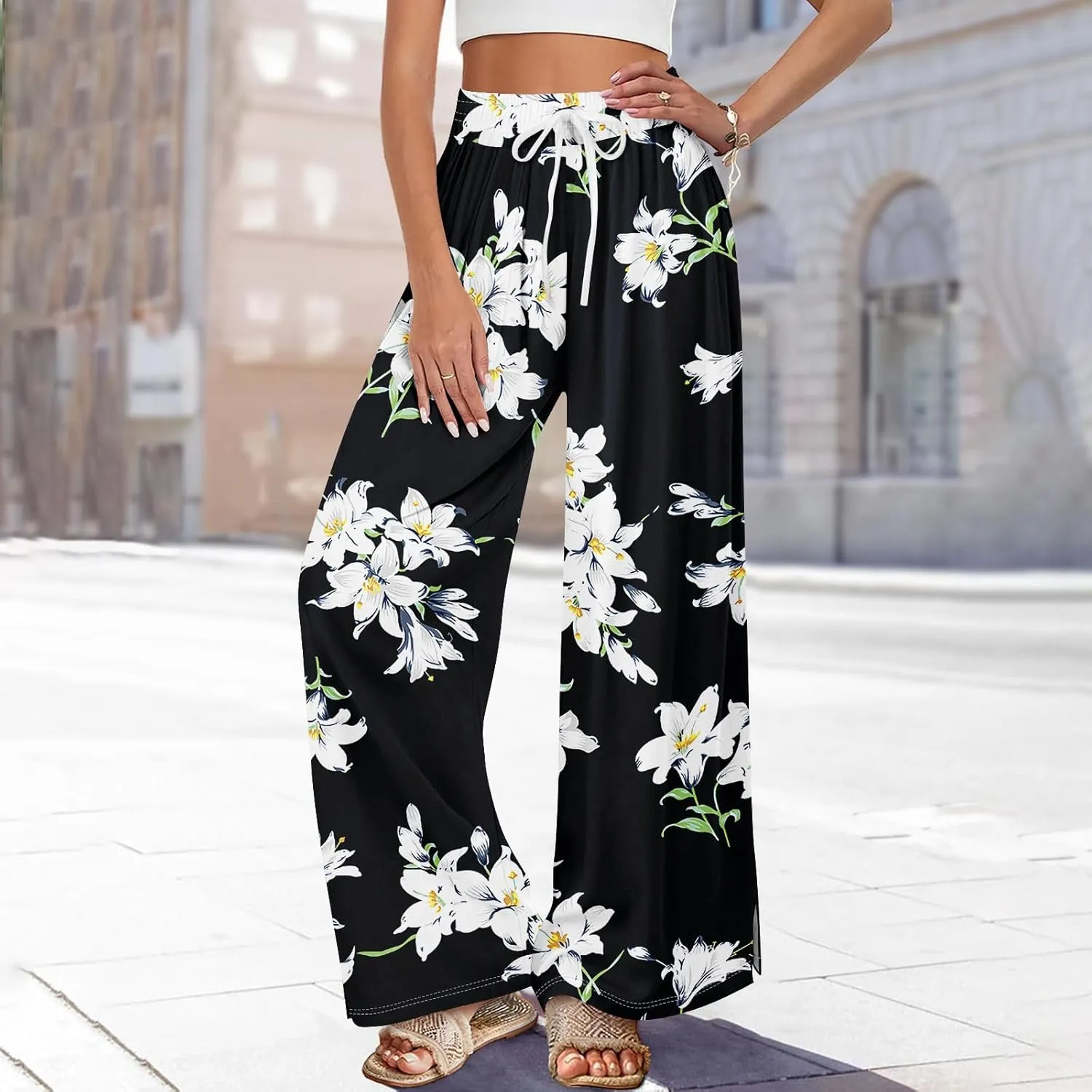 Palazzo Pants for Women,Womens Summer Boho Wide Leg Pants Casual High Waist Lounge Pant 2025 Beach Vacation Outfits