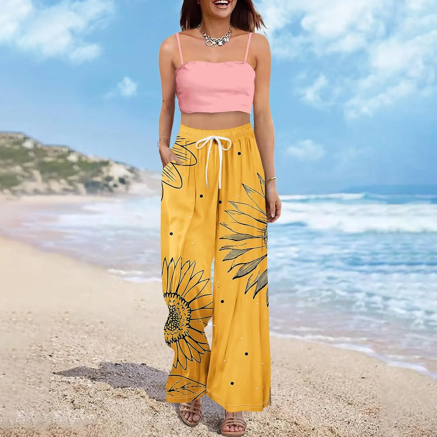 Palazzo Pants for Women,Womens Summer Boho Wide Leg Pants Casual High Waist Lounge Pant 2025 Beach Vacation Outfits