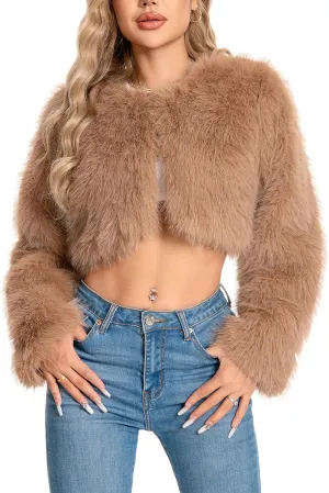 Petite Cropped Fur Coat for Women, Faux Furry Long Sleeve Fluffy Jacket Open Front Winter Shaggy Warm Outwear.