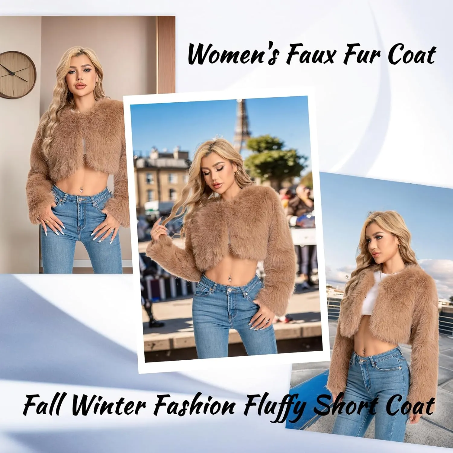 Petite Cropped Fur Coat for Women, Faux Furry Long Sleeve Fluffy Jacket Open Front Winter Shaggy Warm Outwear.