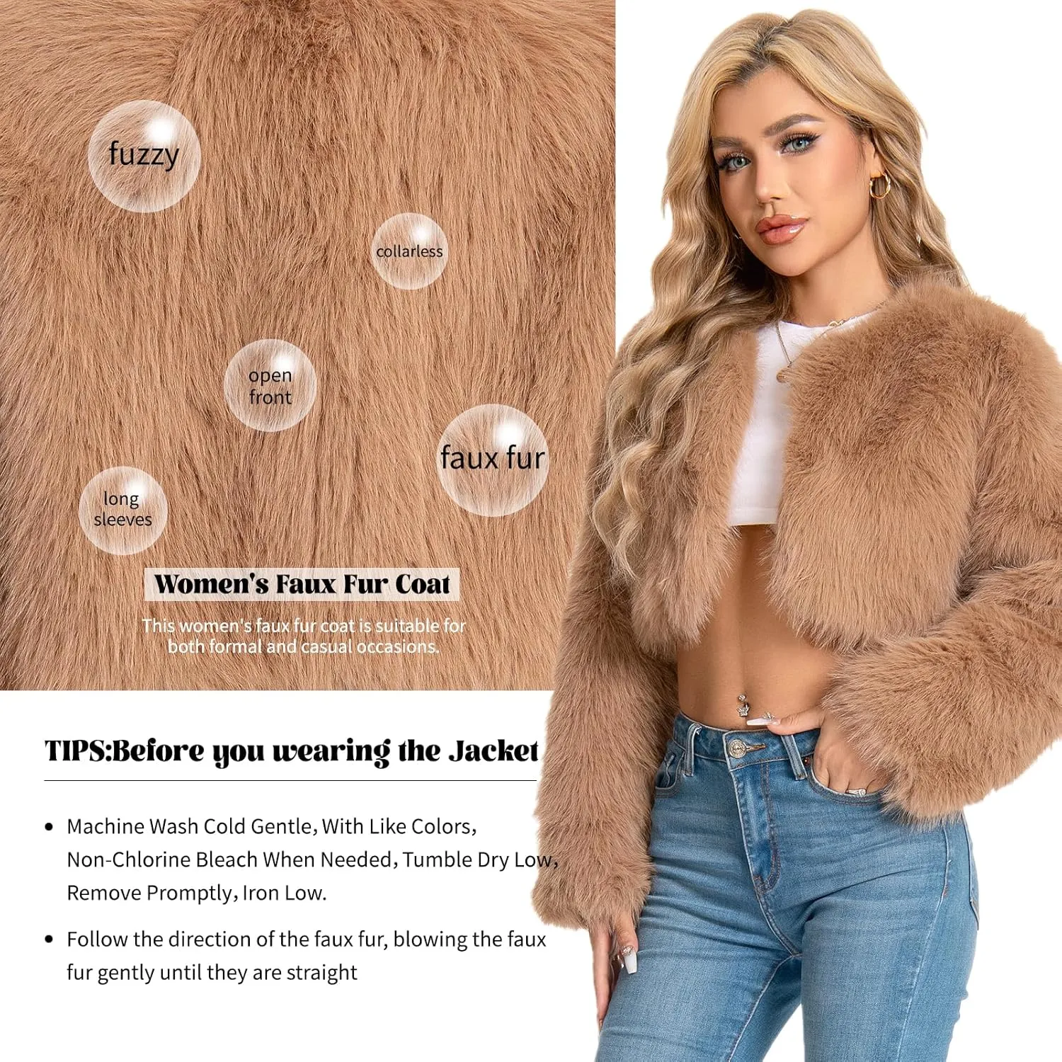 Petite Cropped Fur Coat for Women, Faux Furry Long Sleeve Fluffy Jacket Open Front Winter Shaggy Warm Outwear.