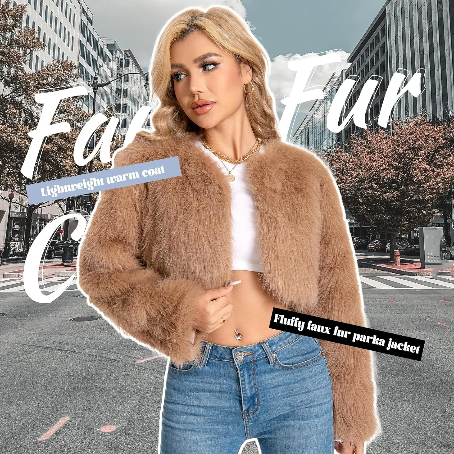 Petite Cropped Fur Coat for Women, Faux Furry Long Sleeve Fluffy Jacket Open Front Winter Shaggy Warm Outwear.